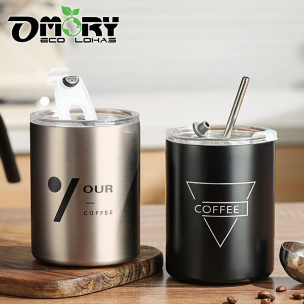 【OMORY】304不鏽鋼晨光吸管雙口杯 咖啡杯 沖泡飲品 保溫保冷飲料杯-350ML