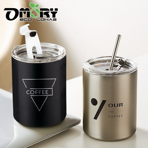 【OMORY】304不鏽鋼晨光吸管雙口杯 咖啡杯 沖泡飲品 保溫保冷飲料杯-350ML